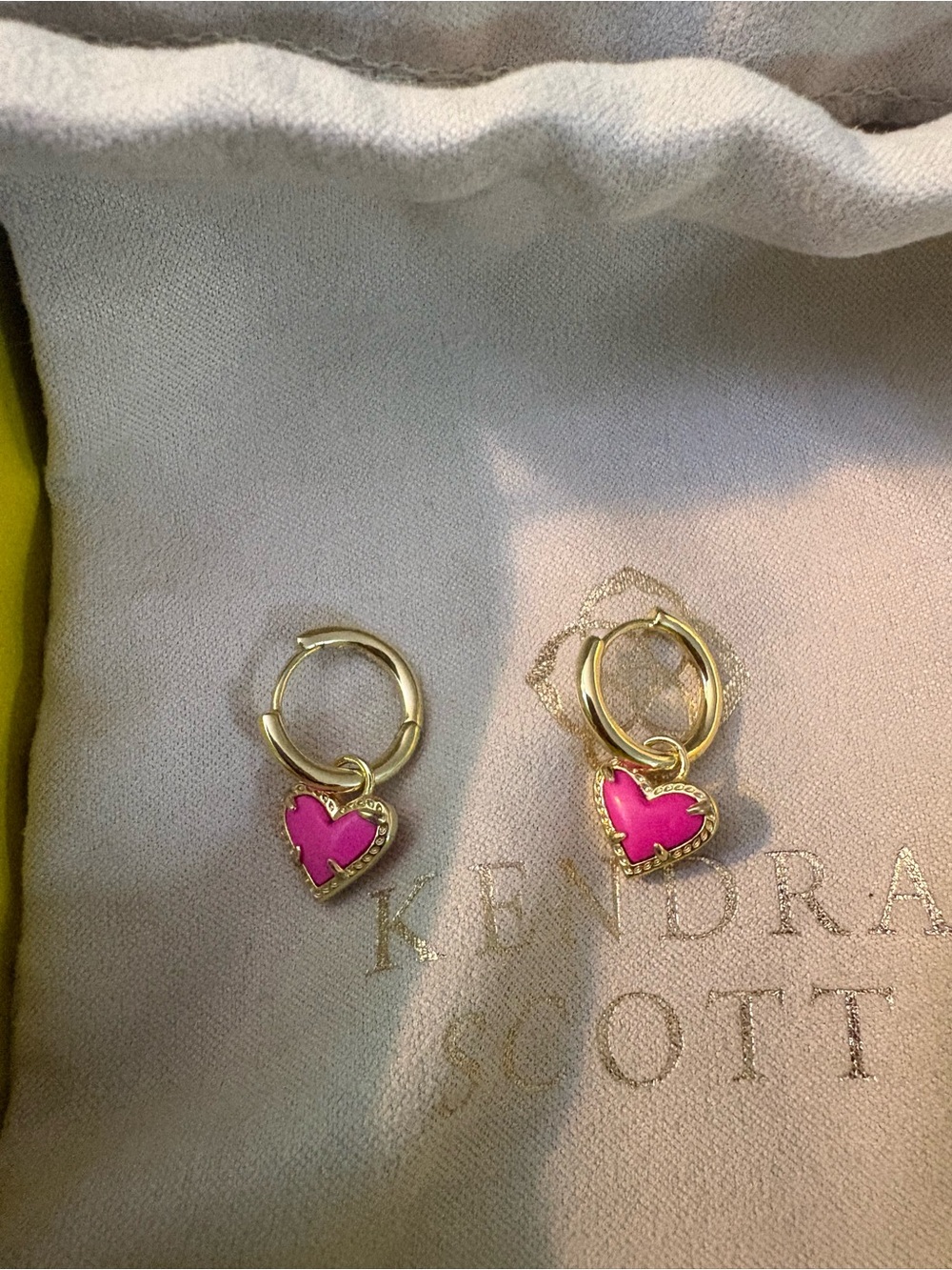 Kendra Scott Gold Hoop Earrings with Bright Pink Heart Charms